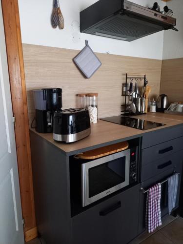 a kitchen with a microwave and a sink at La charentaise ch d'hôtes ,Studio in Chérac