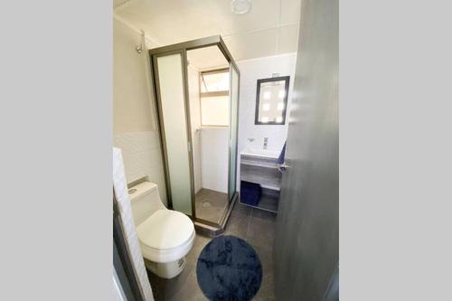 a bathroom with a toilet and a sink and a mirror at Depa completo único cerca de Aeropuerto, Foro Sol y Centro. in Mexico City