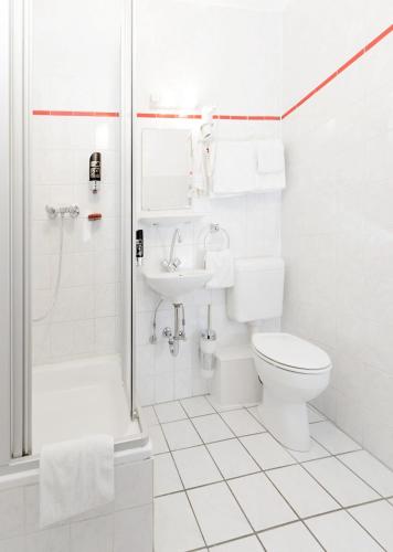 a white bathroom with a toilet and a shower at Hotel Europa in Bonn
