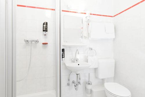 a bathroom with a shower and a sink and a toilet at Hotel Europa in Bonn
