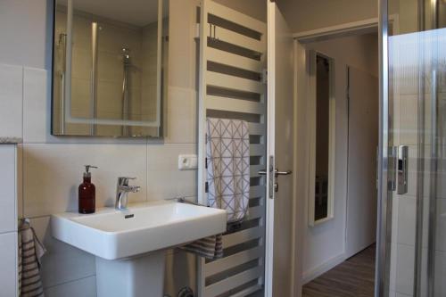 ein Bad mit einem Waschbecken und einem Spiegel in der Unterkunft Quartier am Golfplatz in Bad Harzburg