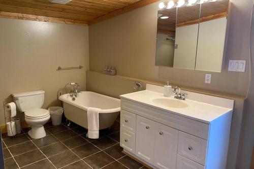 ein Badezimmer mit einer Badewanne, einem WC und einem Waschbecken in der Unterkunft Gudjonson Getaway - 2 bed 2 bath Cabin in Golden