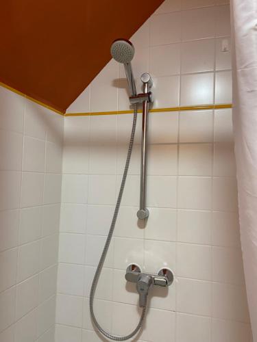 une douche avec pommeau de douche dans une salle de bain dans l'établissement La mer vue d'en haut , duplex à la naturelle sur la côte d'opale, à Wimereux