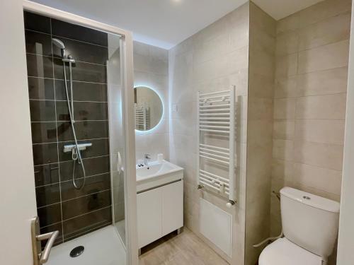 La salle de bains est pourvue d'une douche, de toilettes et d'un lavabo. dans l'établissement Le Colibri - Stationnement gratuit - Balcon - Jusqu'à 4 personnes, à Metz