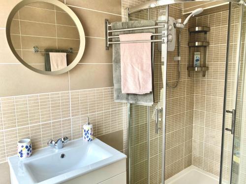 bagno con lavandino, doccia e specchio di Hiraeth Môn a Menai Bridge