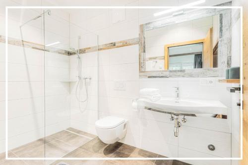 een badkamer met een toilet, een wastafel en een douche bij Tyrol Mountain Aparts - Urlaubsresort Hafele in Sankt Jakob in Defereggen