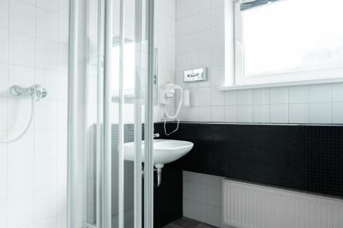 a bathroom with a sink and a glass shower at Hotel Andante Rust in Rust