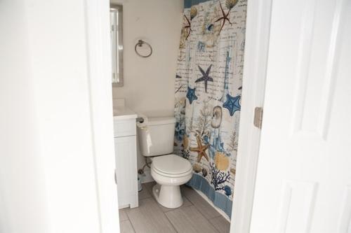 a bathroom with a toilet and a shower curtain at 40310 B Due East Lane Duplex Townhouse in Avon