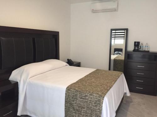 阿瓜斯卡連特斯的住宿－Hotel MAC7，一间卧室配有一张大床和镜子