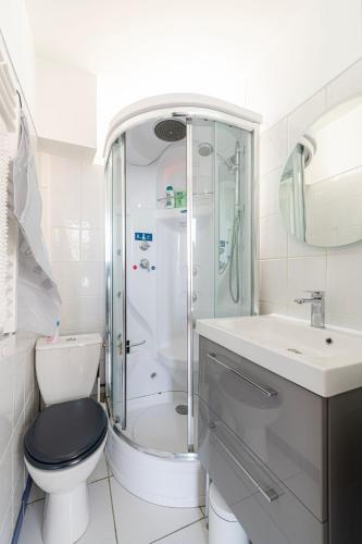 une salle de bain avec une douche, des toilettes et un lavabo dans l'établissement Studio centre ville refait à neuf, à Trouville-sur-Mer