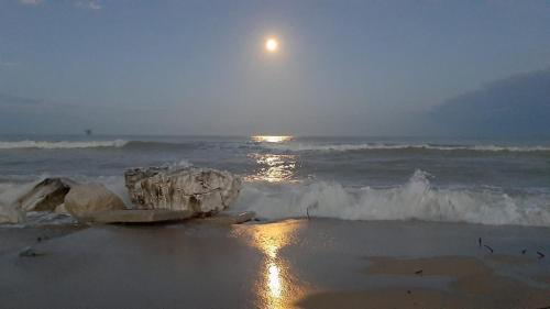 a moon rising over the ocean with rocks on the beach at B&B Villino Giovanna Wi-Fi AC Prima fila mare Pineta in Porto SantʼElpidio
