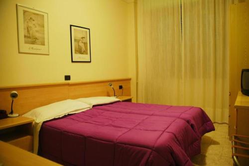 a bedroom with a large bed with a purple blanket at Hotel Flowers in Montecatini Terme