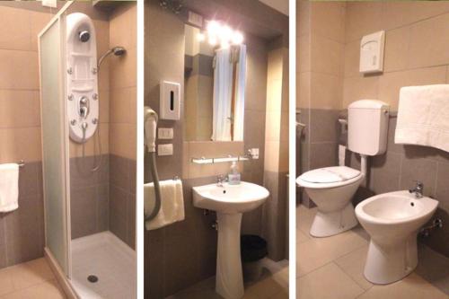 2 immagini di un bagno con servizi igienici e lavandino di Hotel Flowers a Montecatini Terme