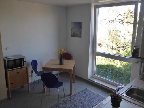 a room with a table and chairs and a window at Ferienwohnung Zollernblick in Tübingen