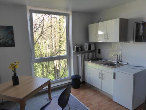 eine Küche mit weißen Schränken, einem Tisch und einem Fenster in der Unterkunft Ferienwohnung Zollernblick in Tübingen
