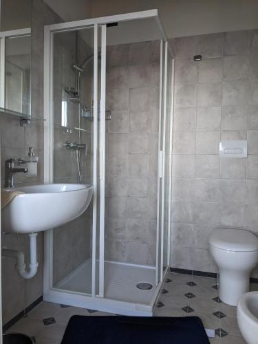 a bathroom with a shower and a sink and a toilet at Ratto del Gallo in Stresa