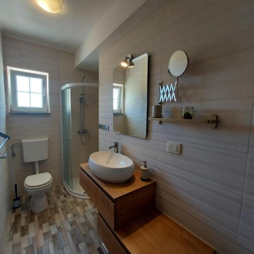 a bathroom with a sink and a toilet and a mirror at Apartments Batistić in Supetarska Draga
