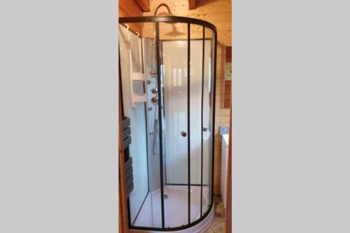 une douche avec une porte vitrée dans une pièce dans l'établissement 3 Bedroom Lodge over looking Lake Dathee & Golf Course, à Saint-Manvieu-Bocage