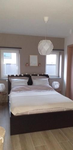 chez Chantal - appartement privatif في Yvoir: غرفة نوم بسرير كبير واضاءة قلادة
