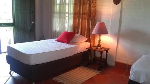 a bedroom with a bed with a red pillow and a lamp at Villa de las Palmas de Rozo Palmira in Rozo