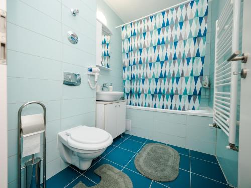 ein blau-weißes Bad mit einem WC und einer Dusche in der Unterkunft Avantgarden King Apart in Braşov