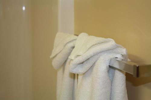 a pile of towels on a towel rack in a bathroom at University of Alberta - Hotel in Edmonton