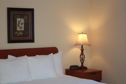 a hotel room with a bed with a lamp on a table at University of Alberta - Hotel in Edmonton