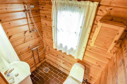 een badkamer met een toilet, een wastafel en een raam bij Cozy house with stunning sea views in Pandrup
