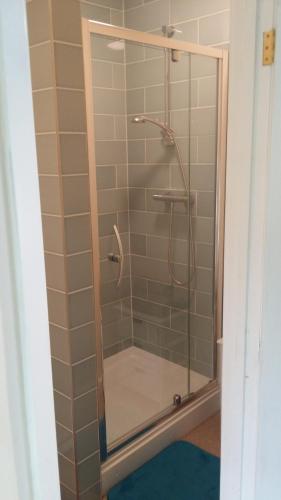 a shower with a glass door in a bathroom at Riverbank Guest House in Wiggenhall Saint Germans