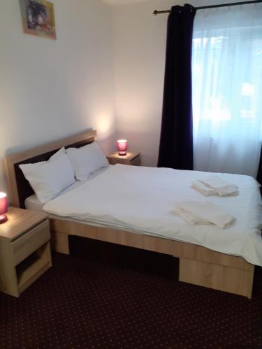 a bedroom with a large bed with two candles on it at Casa Azugeana in Azuga