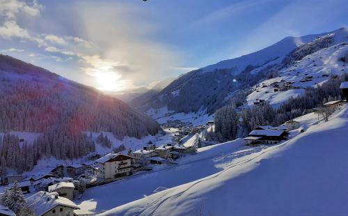 un pequeño pueblo en la nieve con montañas en el fondo en Haus Ausblick en Tux
