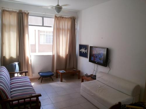 Apartamento Cabo Frio في كابو فريو: غرفة معيشة مع أريكة وتلفزيون بشاشة مسطحة