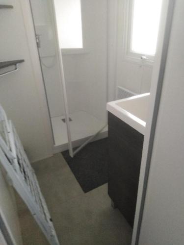 une salle de bain avec un lavabo et un miroir dans l'établissement Assist' Mobil home 9 - Mobil Home élégance 3 chambres tout confort, à Onzain