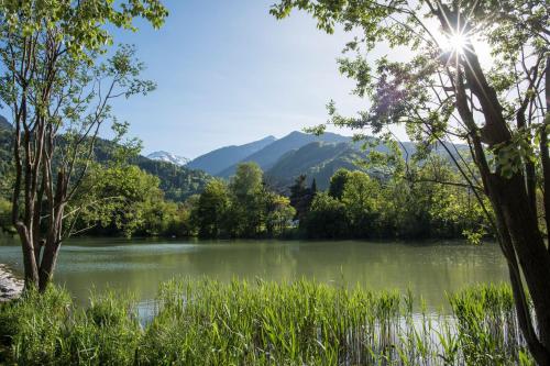 a view of a lake with mountains in the background at Hotel Krone by b-smart in Bad Ragaz