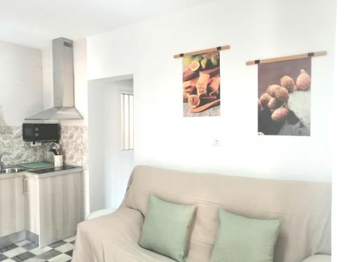 ein Wohnzimmer mit einem Sofa und einer Küche in der Unterkunft Estudio Porto in San José