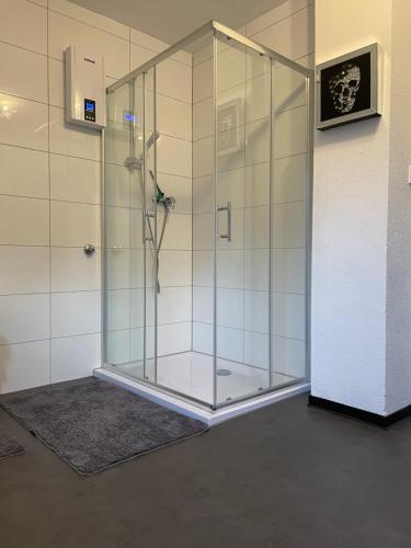 a shower stall with a glass door in a room at Ferienhaus Mone in Mayen