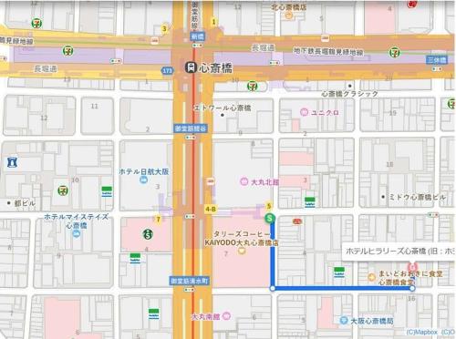 a map of a street with yellow traffic at HOTEL HILLARYS Shinsaibashi in Osaka