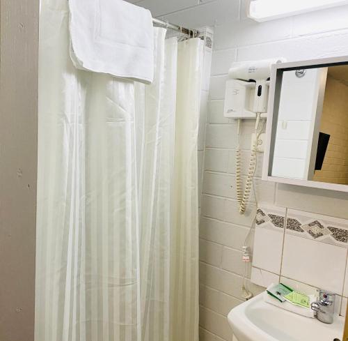 ワンガラッタにあるMillers Cottage Motelのバスルーム(白いシャワーカーテン、シンク付)