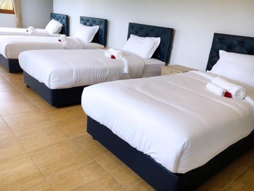 a hotel room with three beds with white sheets at Oon Valley Farm Stay in Ban Mae Pha Haen
