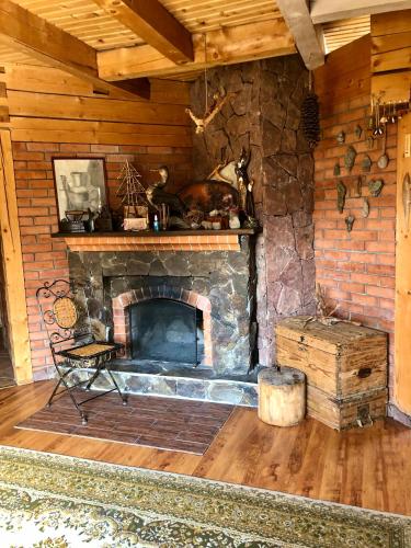a living room with a stone fireplace in a cabin at "Будиночок гедоніста" in Tukhlya