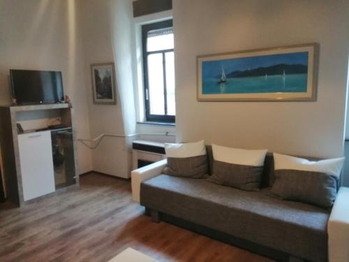 salon z kanapą i telewizorem w obiekcie Artist Apartment w mieście Keszthely