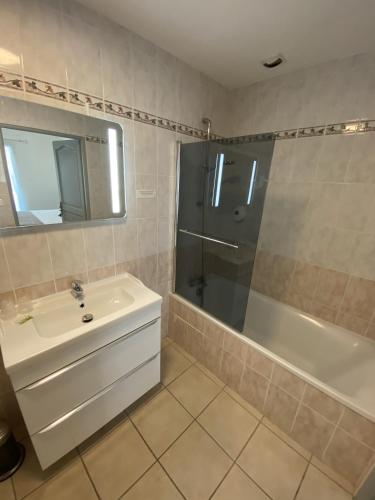 a bathroom with a tub and a sink and a shower at Logis Hôtel L'Oliveraie in Cognac