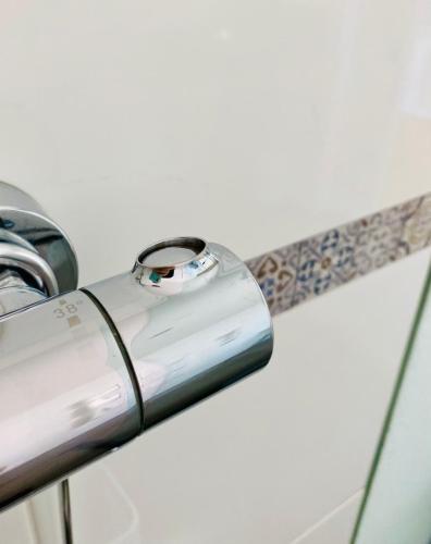 a close up of a chrome bathroomaucet at Hotel Carbonell in Llança