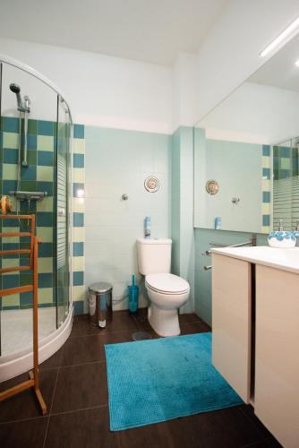 a bathroom with a toilet and a sink and a shower at Apartamento Newark in Matosinhos