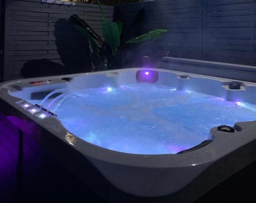 a jacuzzi tub with a purple light in a room at La biche au bois piscine chauffee jacuzzi in Cazals