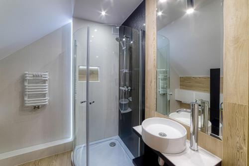łazienka z prysznicem, toaletą i umywalką w obiekcie APARTAMENTY NA SKARPIE w mieście Szczawnica
