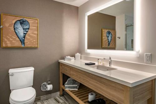La salle de bains est pourvue d'un lavabo, de toilettes et d'un miroir. dans l'établissement Cambria Hotel Fort Lauderdale Beach, à Fort Lauderdale