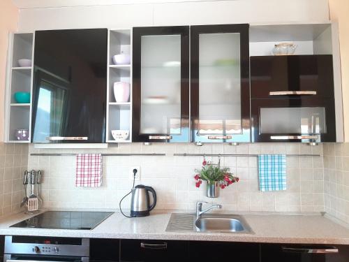 a kitchen with black cabinets and a sink at Secret Mirage Apartment in Kotor