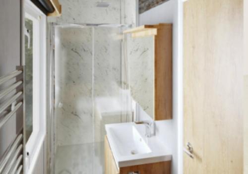 a bathroom with a sink and a shower at Inverness Lodge-Sleeps 4-Parking-15 min to centre in Inverness