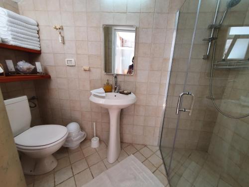 a bathroom with a toilet and a sink and a shower at Near the King's castle in Mi‘ilyā